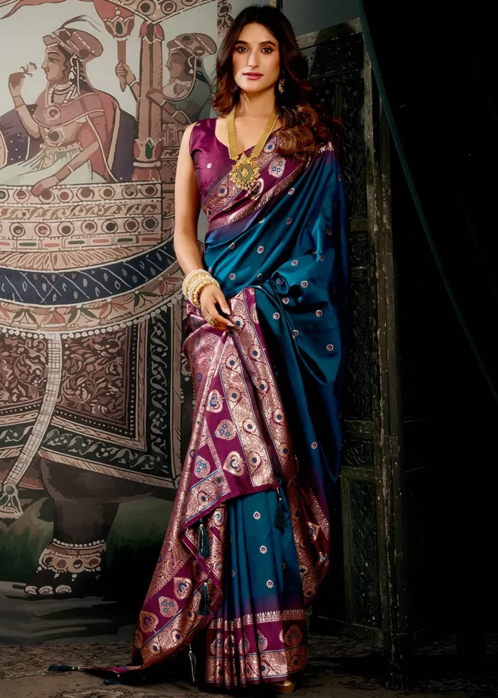 Peacock Blue Banarasi Silk Saree with Wine Blouse