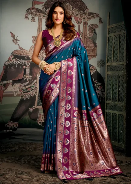 Peacock Blue Banarasi Silk Saree with Wine Blouse