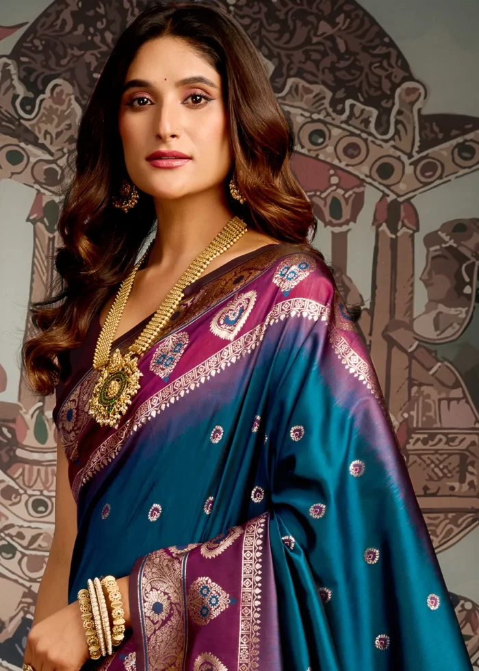 Peacock Blue Banarasi Silk Saree with Wine Blouse