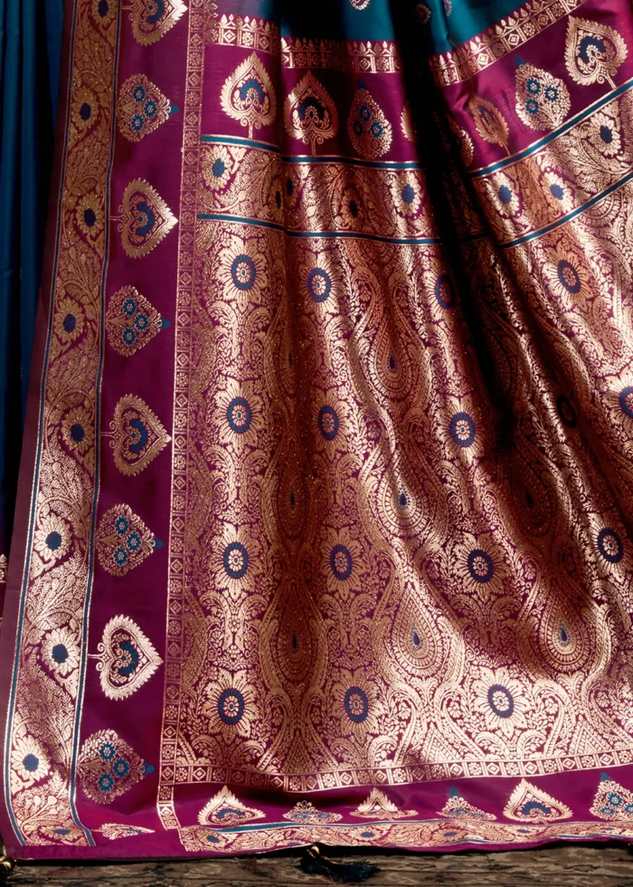 Peacock Blue Banarasi Silk Saree with Wine Blouse