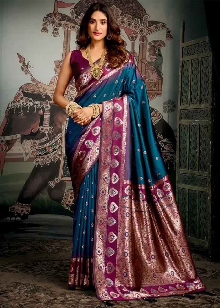 Peacock Blue Banarasi Silk Saree with Wine Blouse