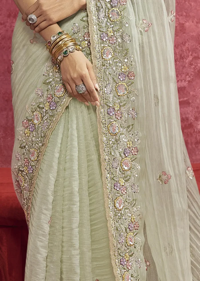 Pista Green Embroidered Dola Silk Saree with Stone Work