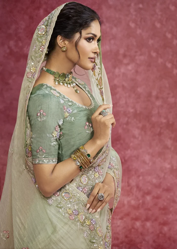 Pista Green Embroidered Dola Silk Saree with Stone Work