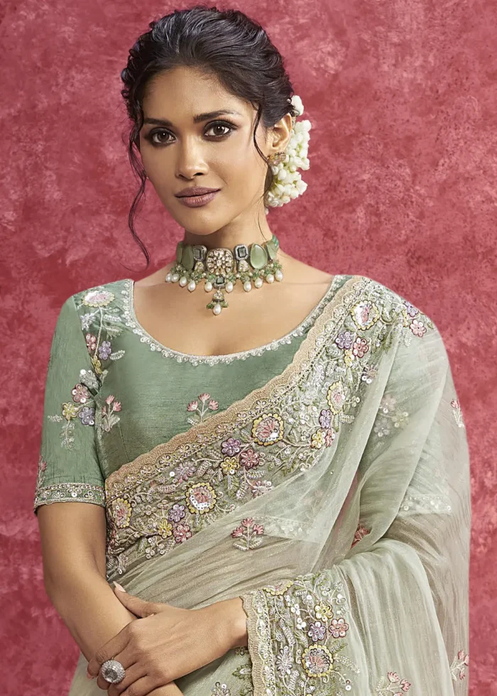 Pista Green Embroidered Dola Silk Saree with Stone Work