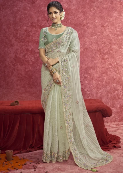 Pista Green Embroidered Dola Silk Saree with Stone Work