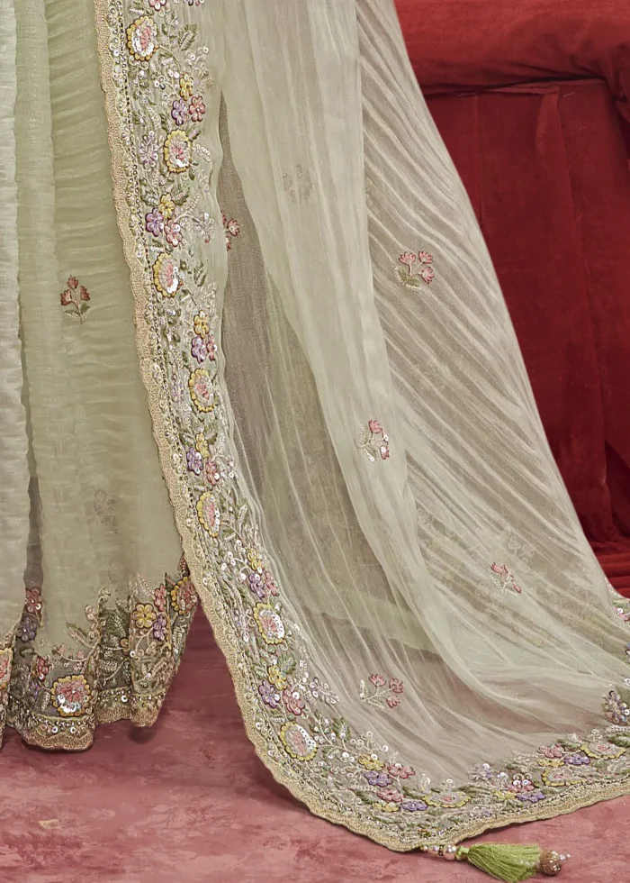 Pista Green Embroidered Dola Silk Saree with Stone Work
