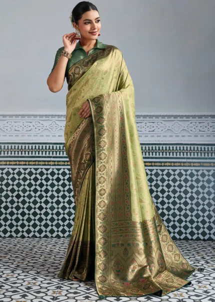 Pista Green Kanjivaram Silk Saree with Meenakari Work
