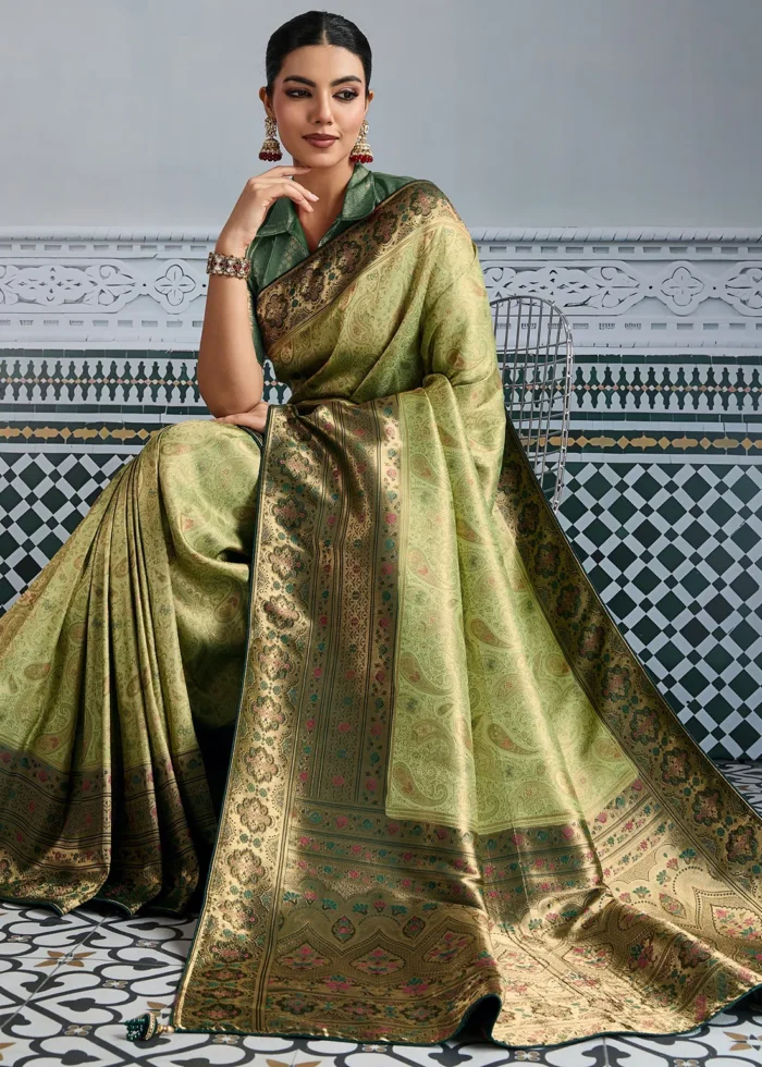 Pista Green Kanjivaram Silk Saree with Meenakari Work
