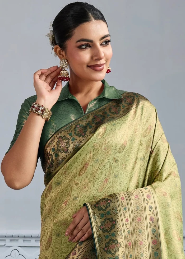 Pista Green Kanjivaram Silk Saree with Meenakari Work