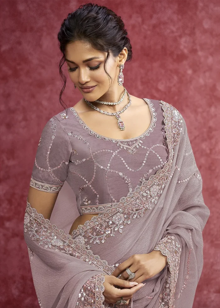 Purple Embroidered Dola Silk Saree with Stone Work