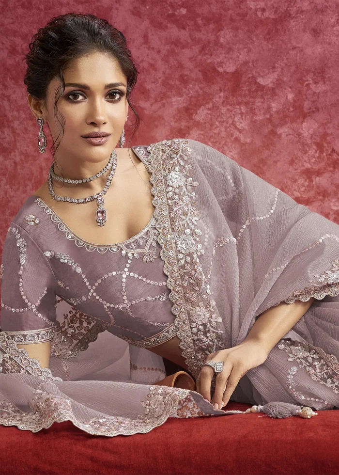 Purple Embroidered Dola Silk Saree with Stone Work