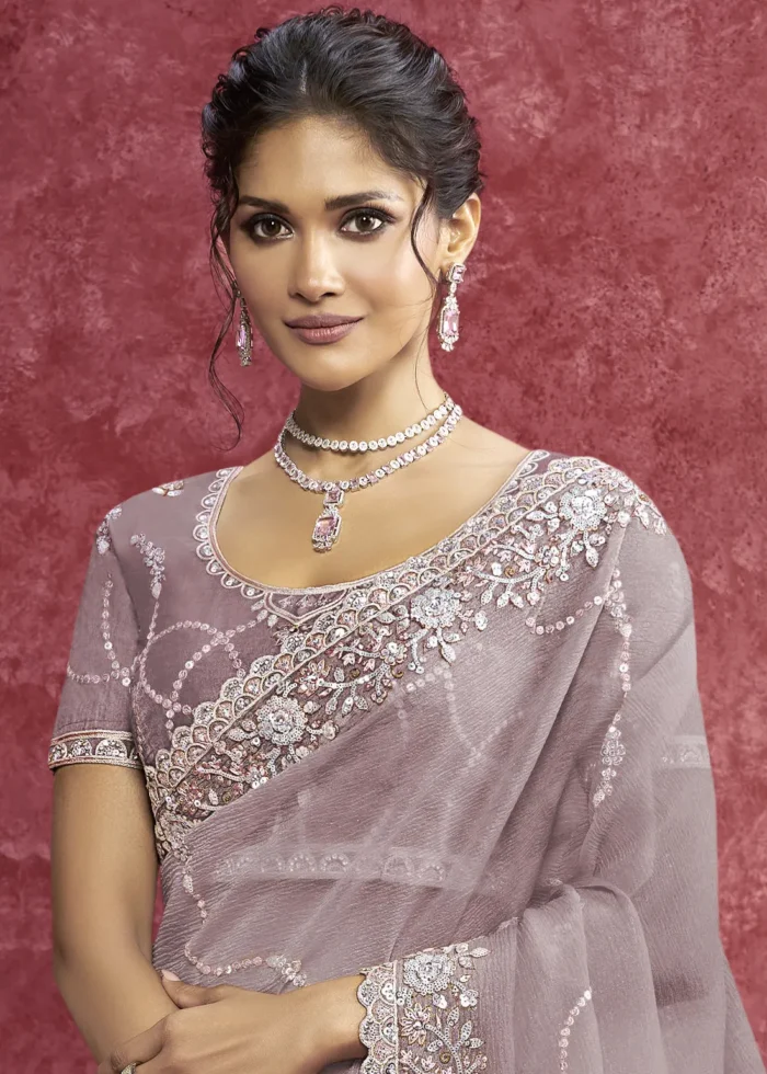 Purple Embroidered Dola Silk Saree with Stone Work