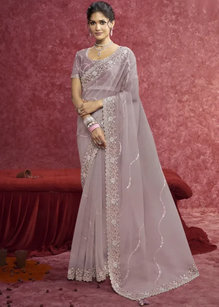 Purple Embroidered Dola Silk Saree with Stone Work