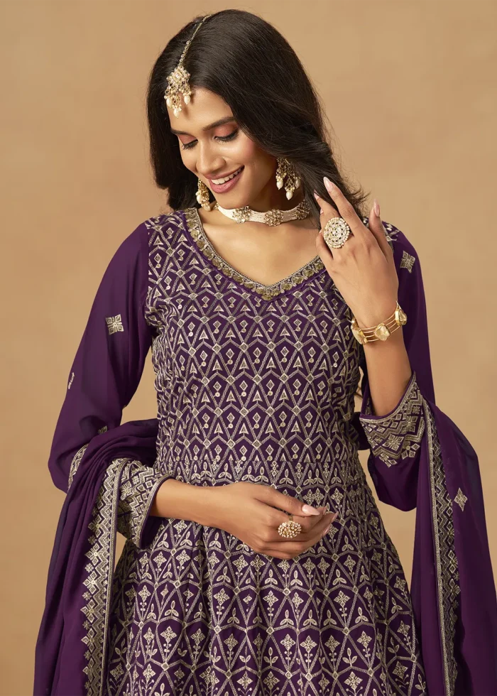 Purple Georgette Palazzo Suit with Embroidery Work
