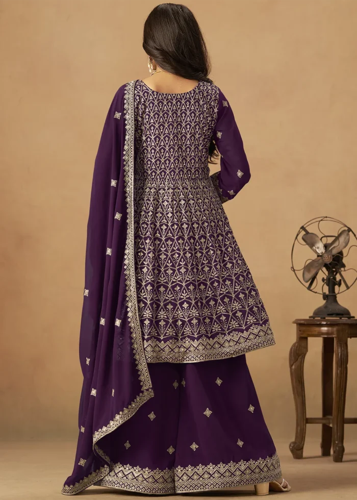 Purple Georgette Palazzo Suit with Embroidery Work