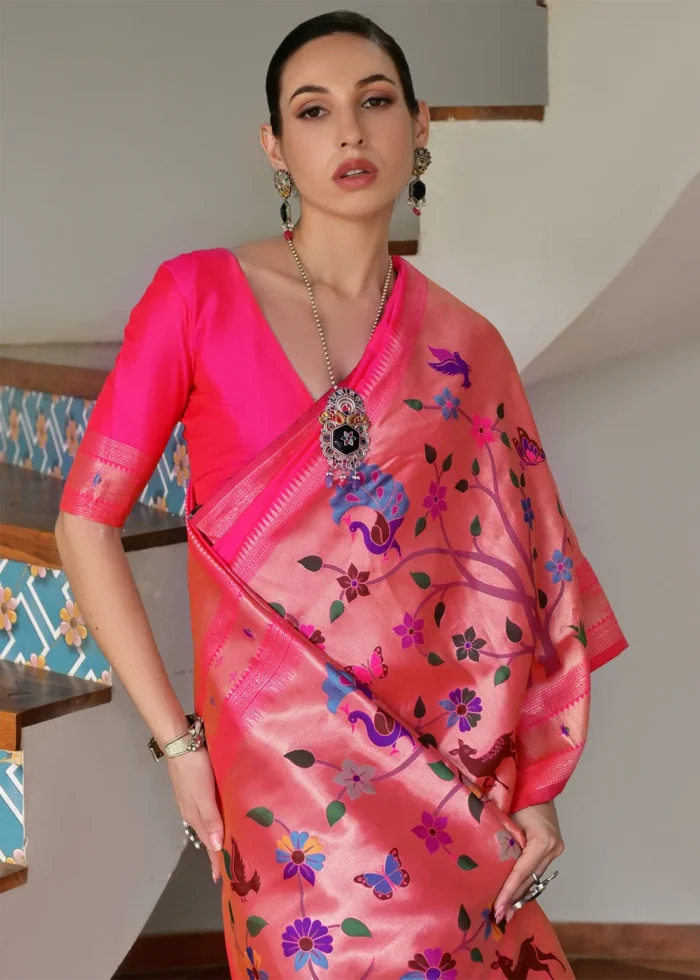 Rani Pink Paithani Silk Saree with Zari Woven Motifs