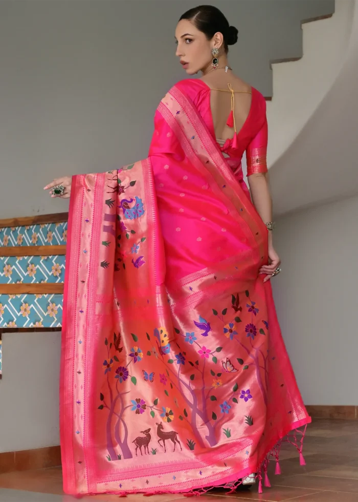 Rani Pink Paithani Silk Saree with Zari Woven Motifs