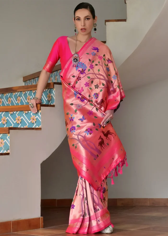 Rani Pink Paithani Silk Saree with Zari Woven Motifs