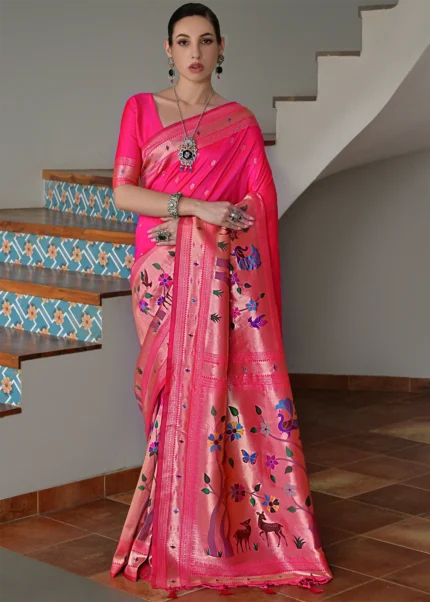 Rani Pink Paithani Silk Saree with Zari Woven Motifs