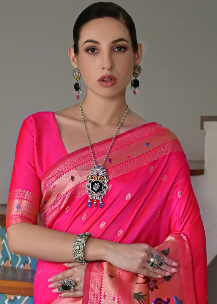 Rani Pink Paithani Silk Saree with Zari Woven Motifs