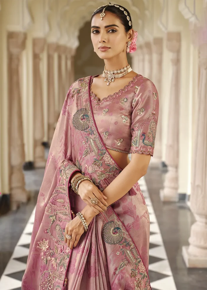 Rose Pink Banarasi Silk Saree with Peacock Embroidery