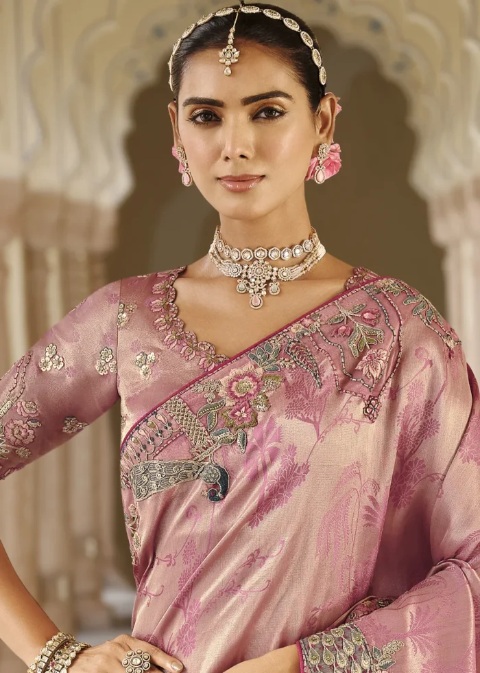 Rose Pink Banarasi Silk Saree with Peacock Embroidery