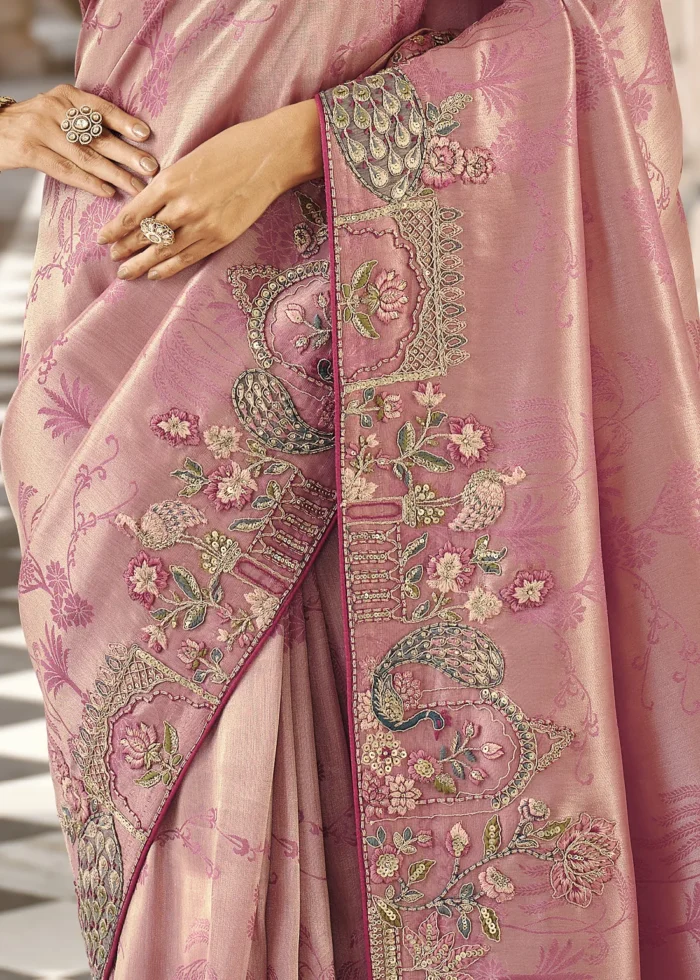 Rose Pink Banarasi Silk Saree with Peacock Embroidery