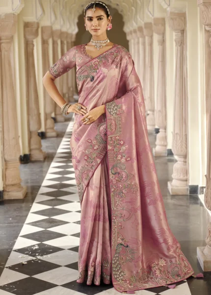 Rose Pink Banarasi Silk Saree with Peacock Embroidery