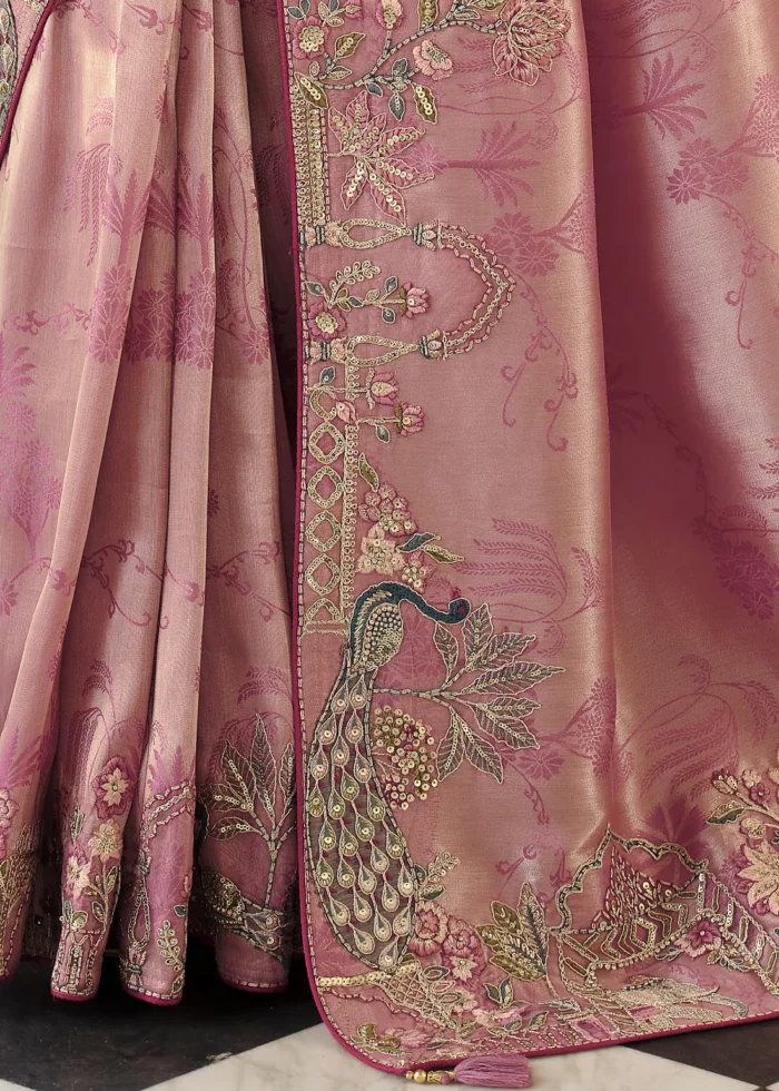 Rose Pink Banarasi Silk Saree with Peacock Embroidery