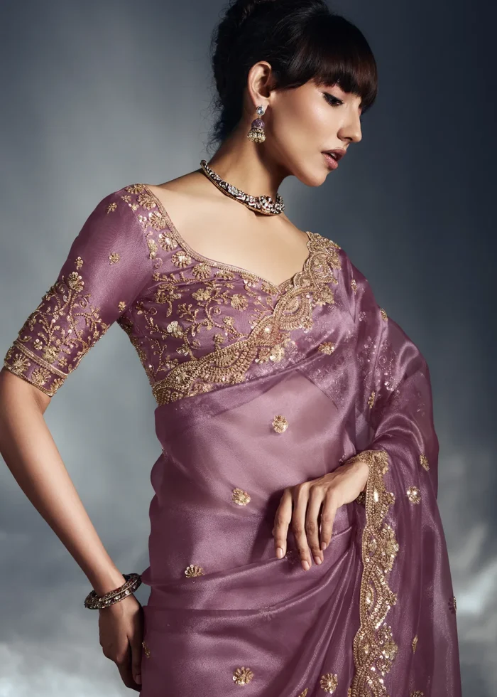 Rose Pink Embroidered Organza Saree for Wedding