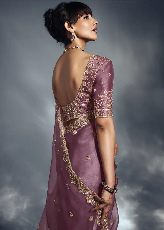 Rose Pink Embroidered Organza Saree for Wedding