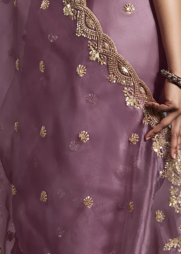 Rose Pink Embroidered Organza Saree for Wedding