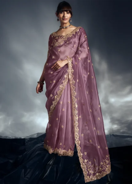 Rose Pink Embroidered Organza Saree for Wedding