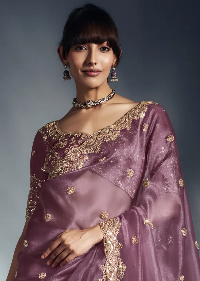 Rose Pink Embroidered Organza Saree for Wedding