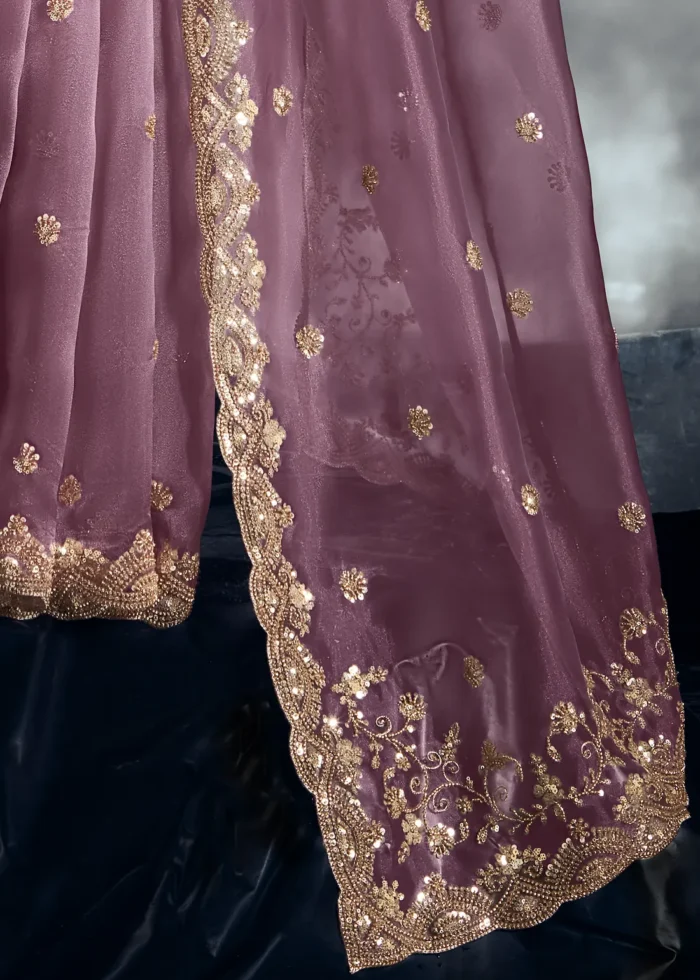 Rose Pink Embroidered Organza Saree for Wedding