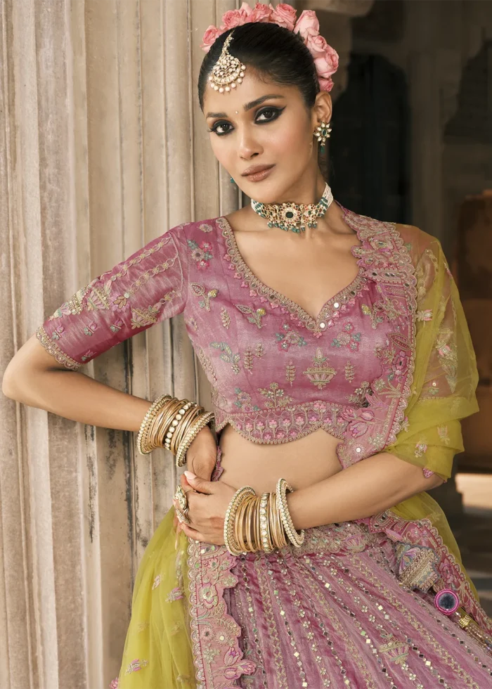 Rose Pink and Olive Silk Bridal Lehenga with Heavy Embroidery