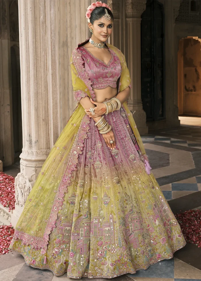 Rose Pink and Olive Silk Bridal Lehenga with Heavy Embroidery