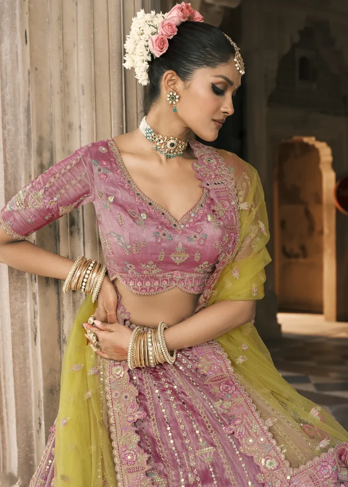 Rose Pink and Olive Silk Bridal Lehenga with Heavy Embroidery