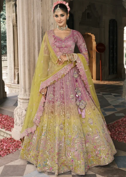 Rose Pink and Olive Silk Bridal Lehenga with Heavy Embroidery