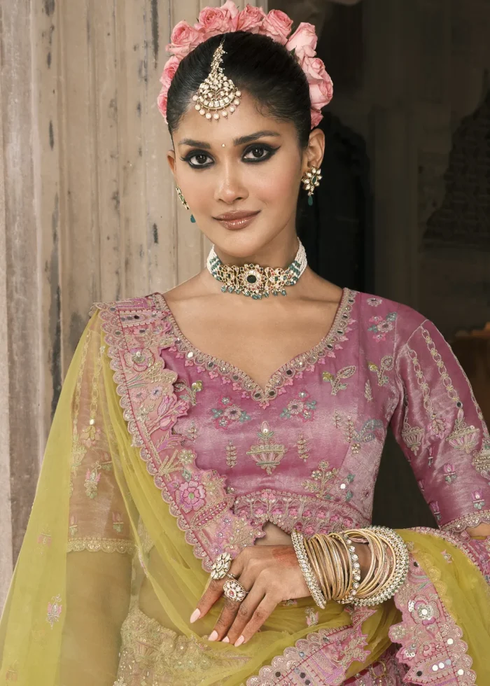 Rose Pink and Olive Silk Bridal Lehenga with Heavy Embroidery