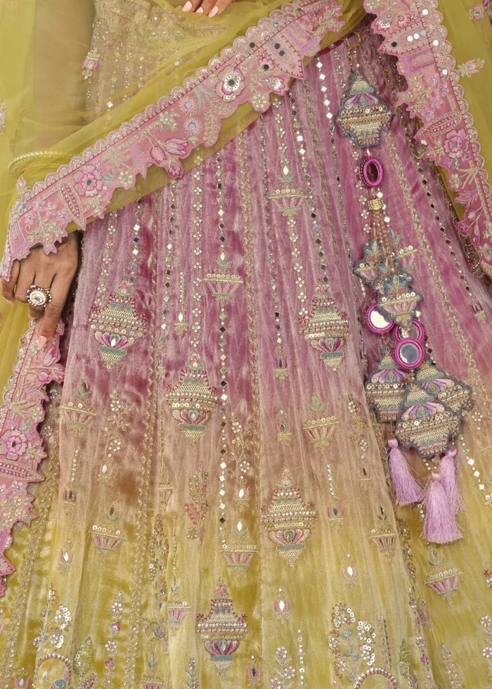 Rose Pink and Olive Silk Bridal Lehenga with Heavy Embroidery