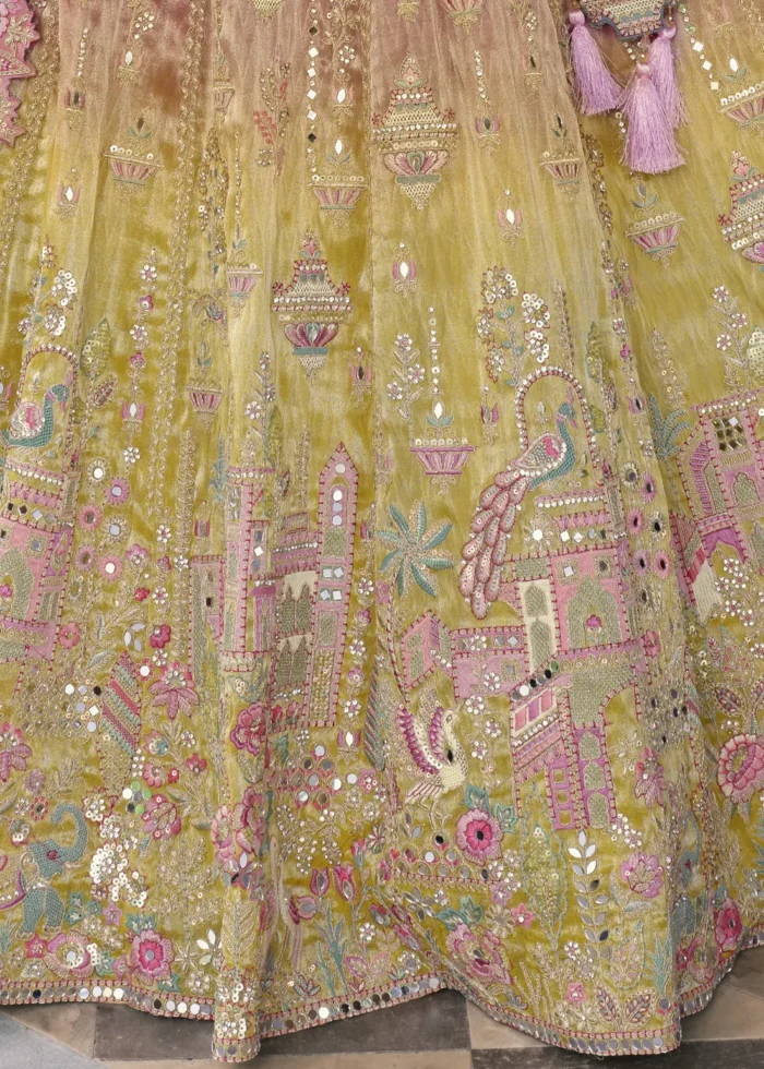 Rose Pink and Olive Silk Bridal Lehenga with Heavy Embroidery