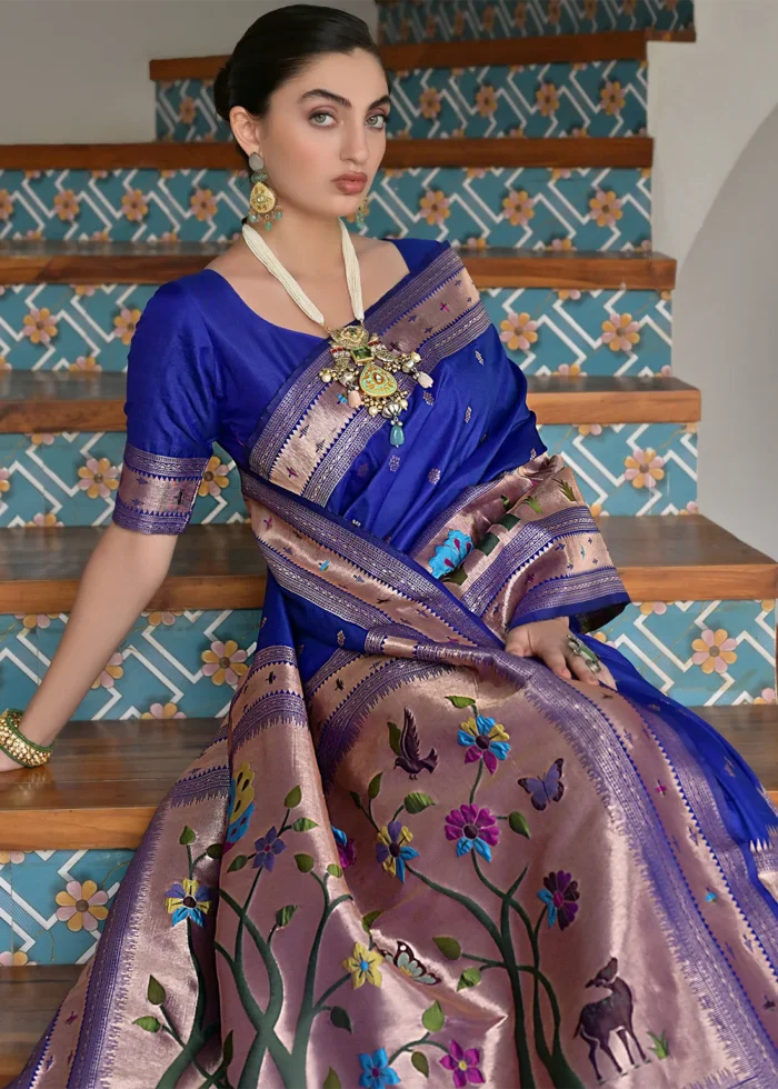 Royal Blue Paithani Silk Saree with Zari Woven Motifs
