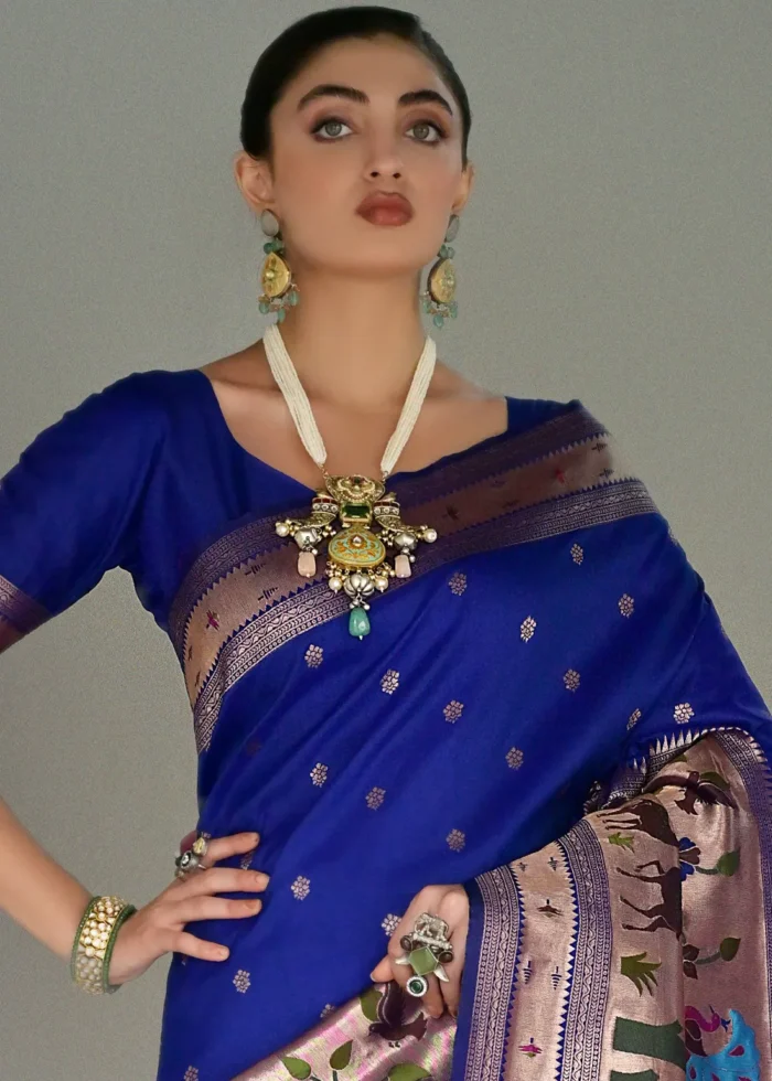Royal Blue Paithani Silk Saree with Zari Woven Motifs