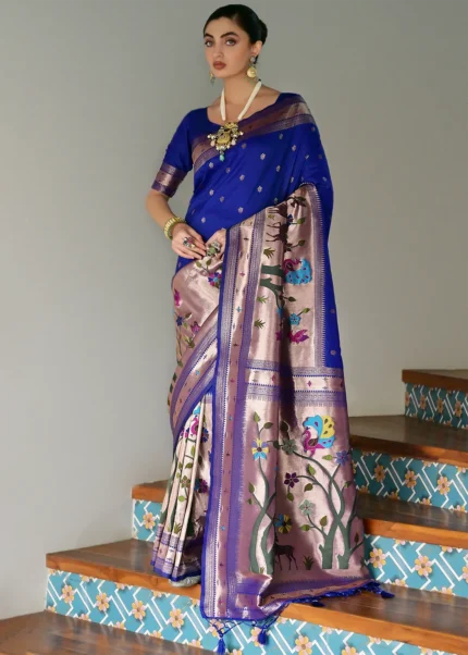 Royal Blue Paithani Silk Saree with Zari Woven Motifs