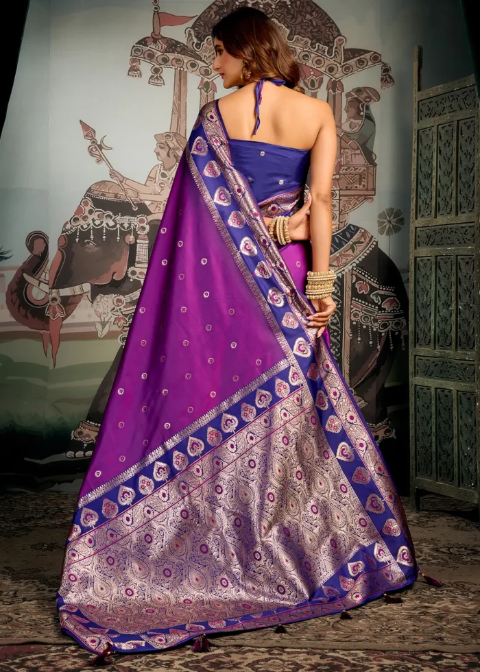Royal Purple Banarasi Silk Saree with Blue Blouse
