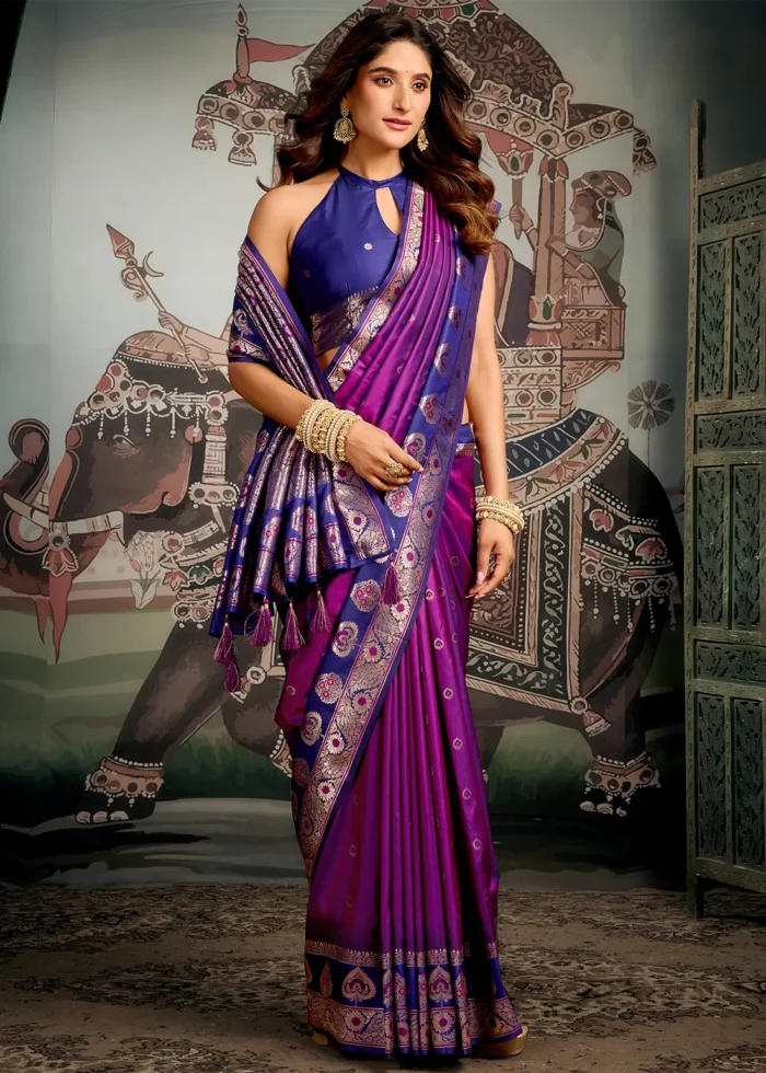 Royal Purple Banarasi Silk Saree with Blue Blouse