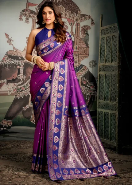 Royal Purple Banarasi Silk Saree with Blue Blouse