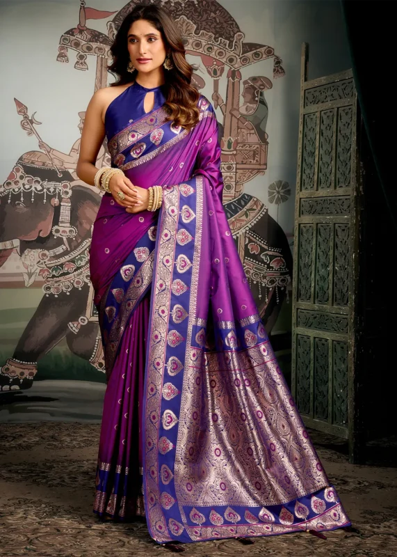 Royal Purple Banarasi Silk Saree with Blue Blouse
