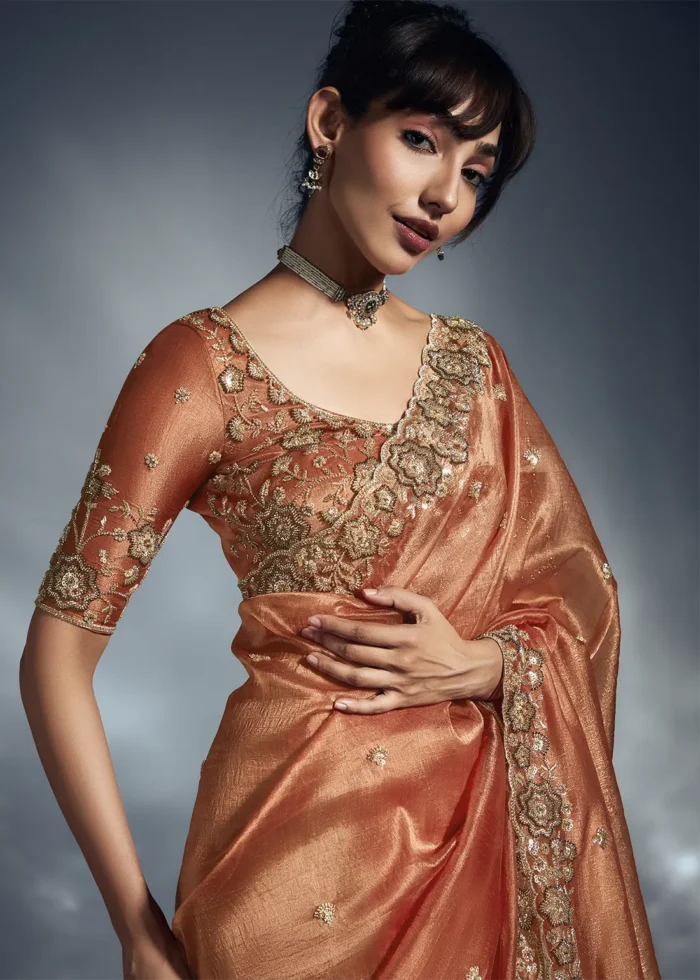 Rust Orange Embroidered Organza Saree for Wedding
